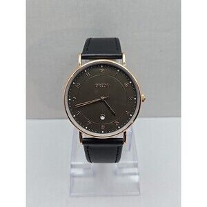 Breda 1739D Rose Gold Olive Dial Date Black Leather Quartz Watch New Battery